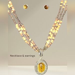 Set Tigers Eye AVON gemstone Necklace and Post Earrings Multistrand